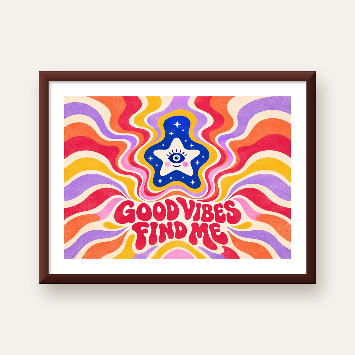 Good Vibes Find Me Retro Psikedelik Poster — ceviz çerçeveli paspartulu