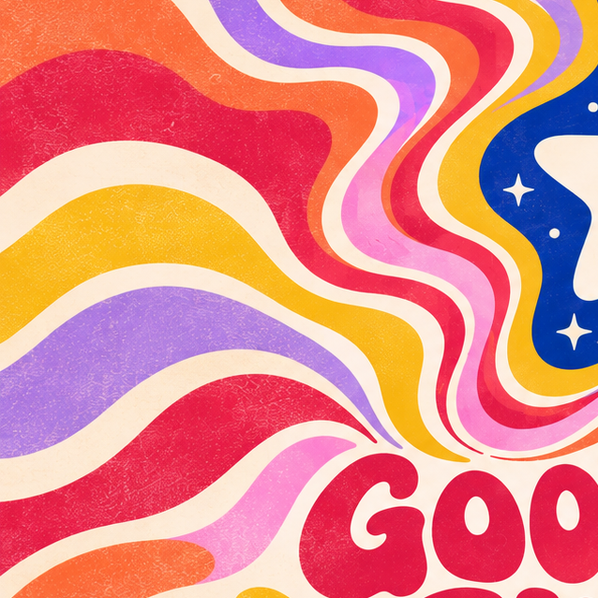 Psikedelik Gülen Yıldız Poster – Retro Good Vibes Duvar Dekoru — baskının yakın çekimi, kâğıt dokusu ve renk detayı