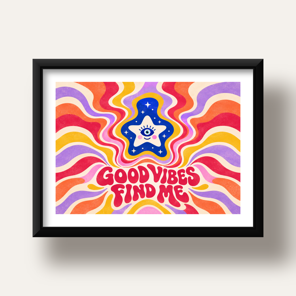 Good Vibes Find Me Retro Psikedelik Poster — siyah derin çerçeveli paspartulu