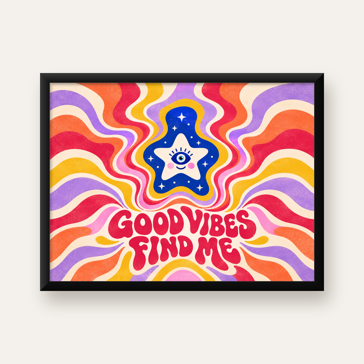 Psikedelik Gülen Yıldız Poster – Retro Good Vibes Duvar Dekoru — Yatay baskı, düz siyah çerçeveli duvar posteri