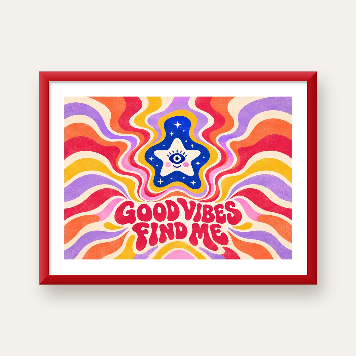 Good Vibes Find Me Retro Psikedelik Poster — kırmızı çerçeveli paspartulu