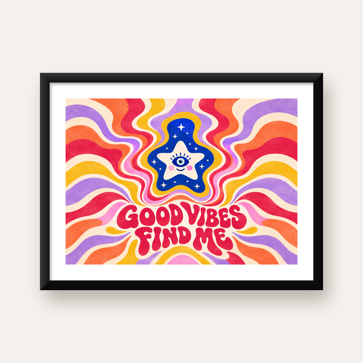 Psikedelik Gülen Yıldız Poster – Retro Good Vibes Duvar Dekoru — Yatay baskı, beyaz kenar boşluklu
