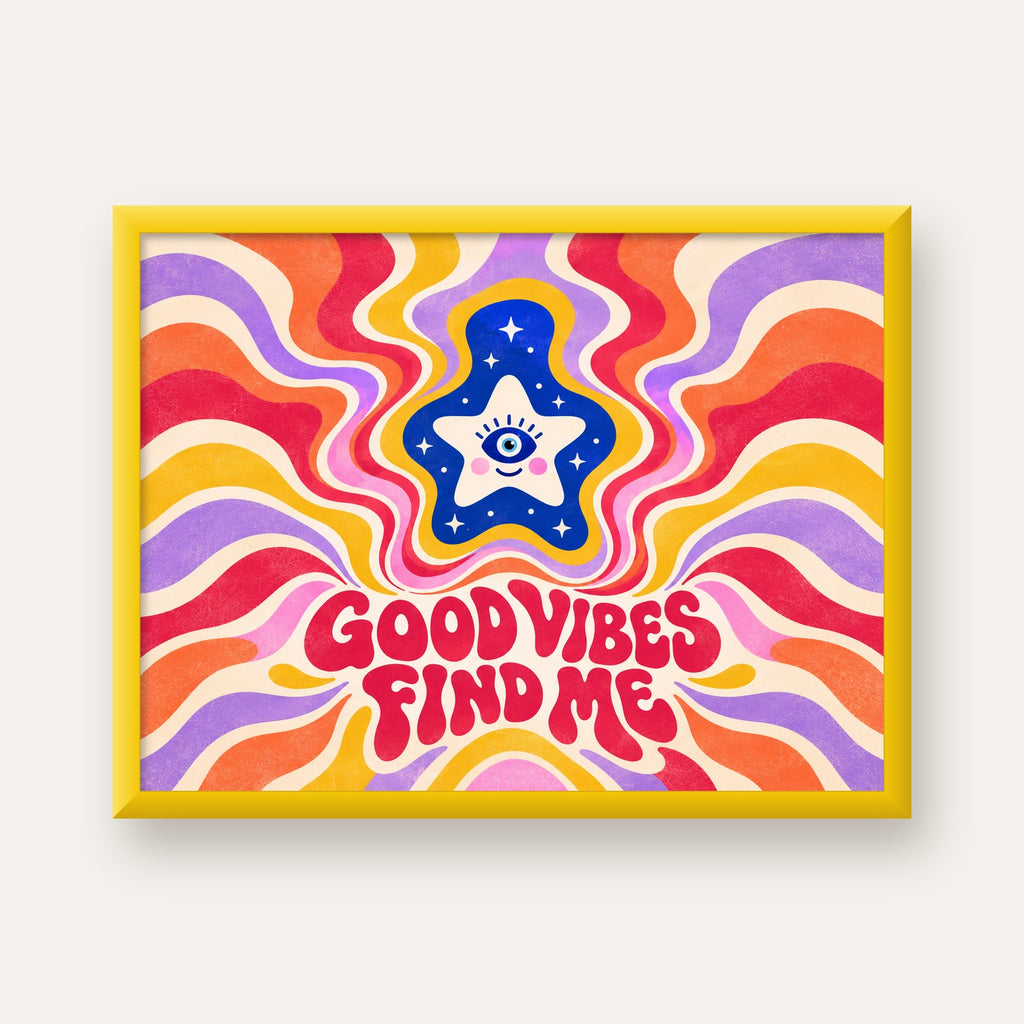 Good Vibes Find Me Retro Psikedelik Poster — sarı çerçeveli