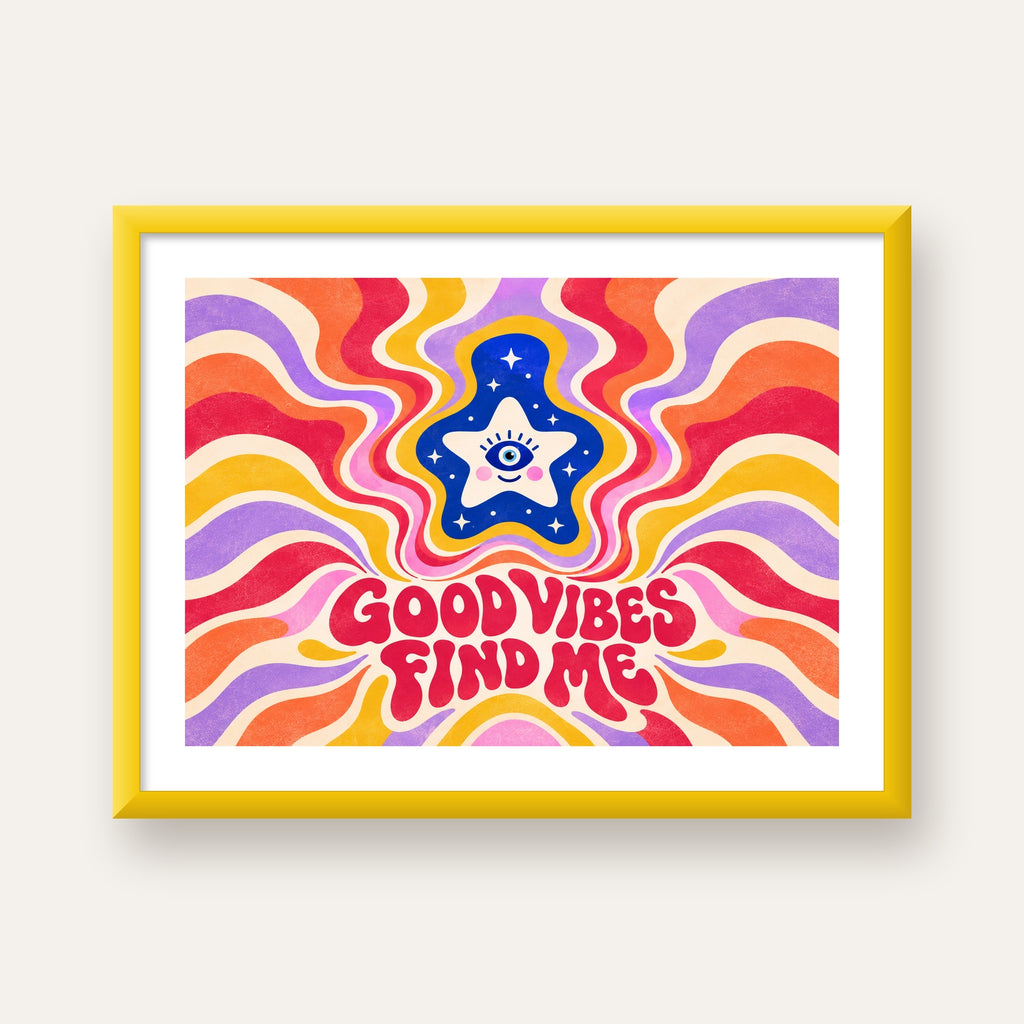 Good Vibes Find Me Retro Psikedelik Poster — sarı çerçeveli paspartulu