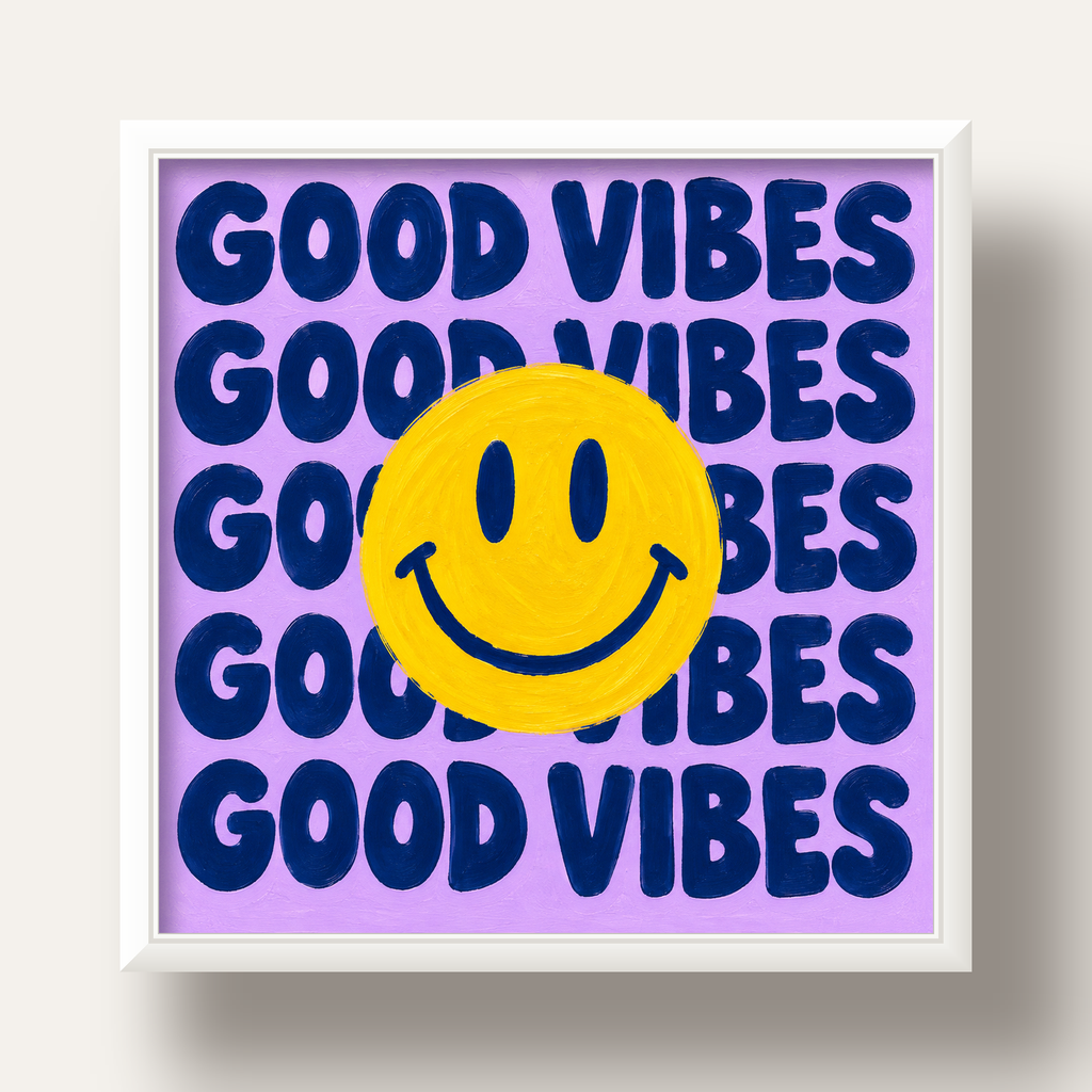 Good Vibes & Smiley Poster – Renkli Modern Duvar Dekoru — beyaz derin çerçeveli