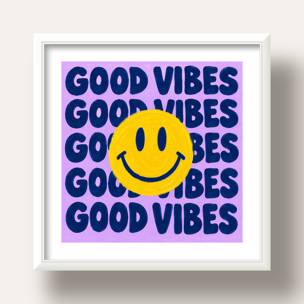 Good Vibes & Smiley Poster – Renkli Modern Duvar Dekoru — beyaz derin çerçeveli paspartulu