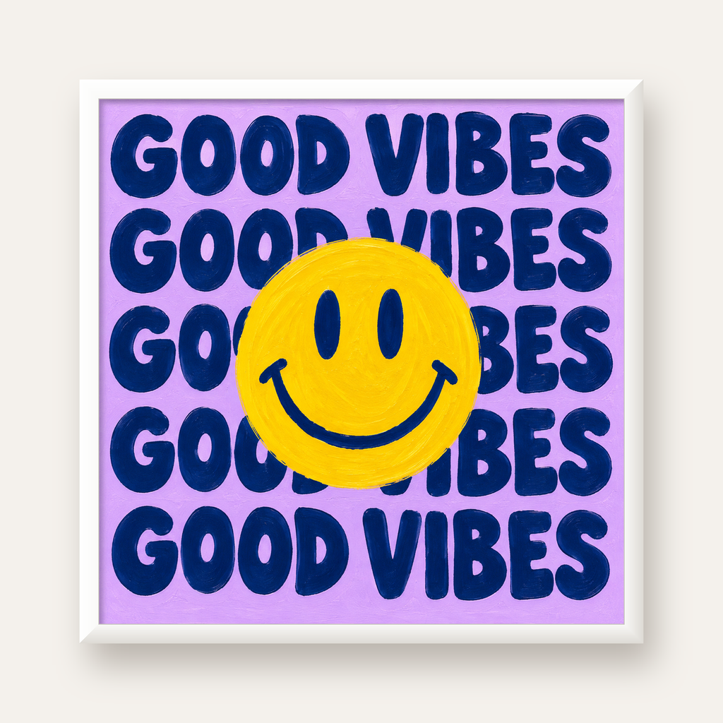 Good Vibes & Smiley Poster – Renkli Modern Duvar Dekoru — beyaz çerçeveli kare poster