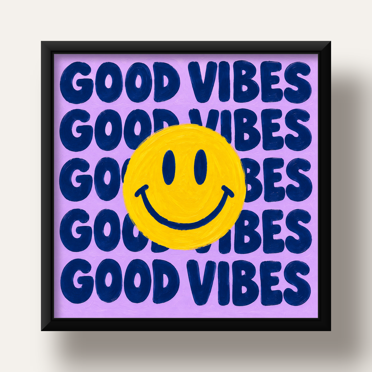 Good Vibes & Smiley Poster – Renkli Modern Duvar Dekoru — siyah derin çerçeveli