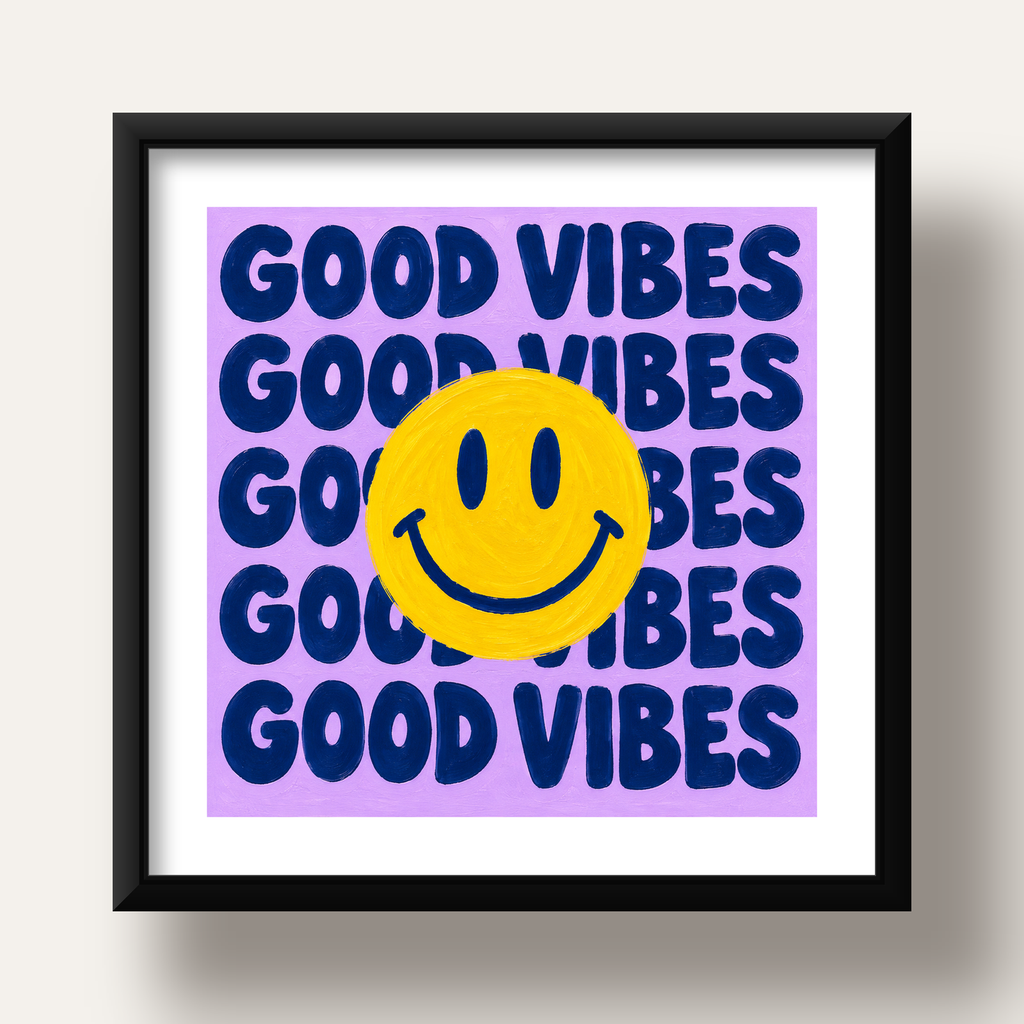 Good Vibes & Smiley Poster – Renkli Modern Duvar Dekoru — siyah derin çerçeveli paspartulu