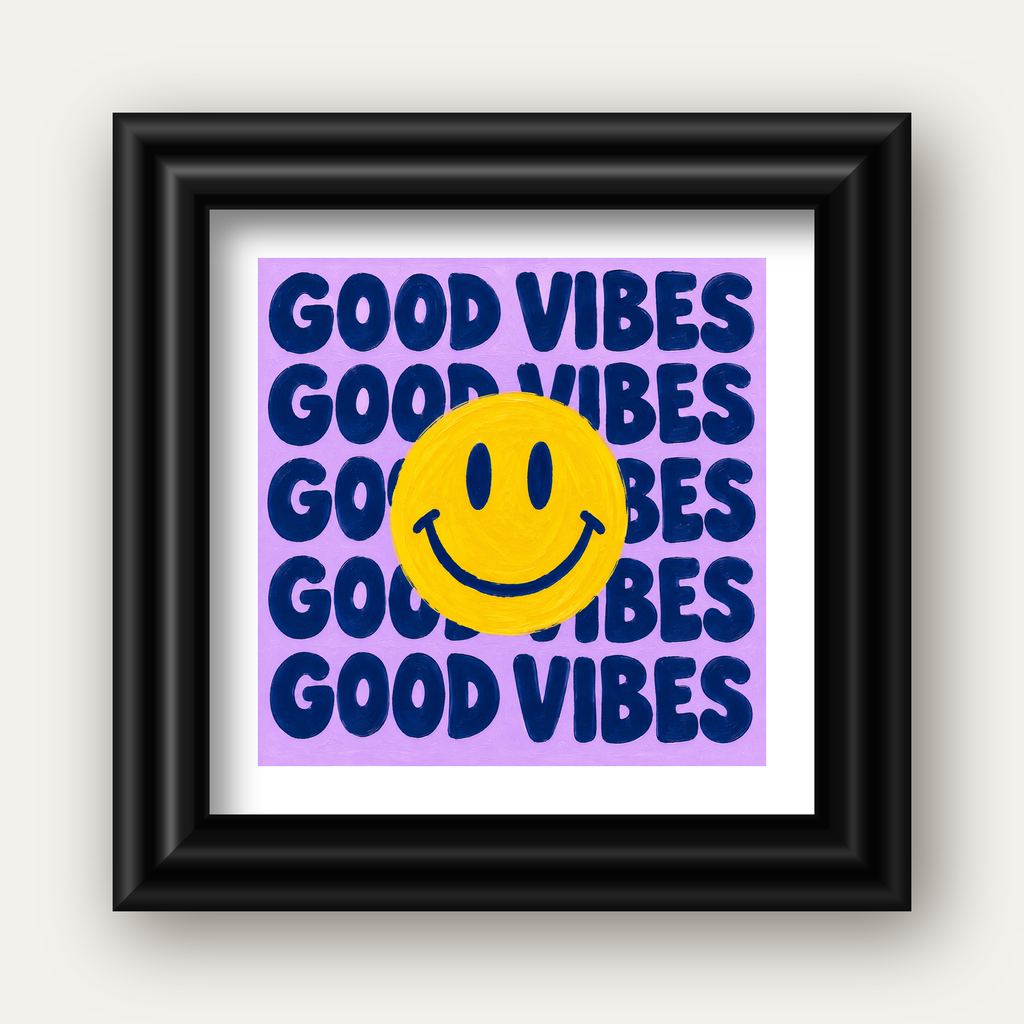 Good Vibes & Smiley Poster – Renkli Modern Duvar Dekoru — siyah galeri çerçeveli paspartulu