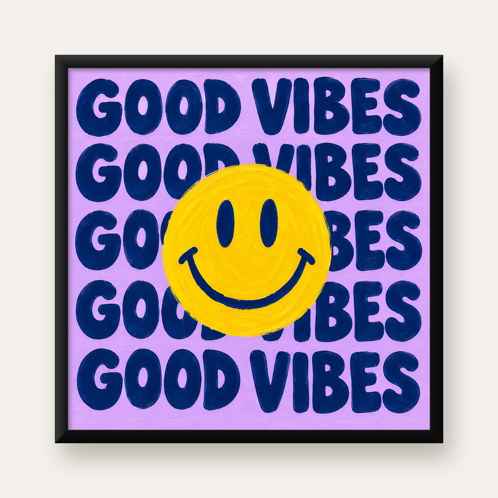 Good Vibes & Smiley Poster – Renkli Modern Duvar Dekoru — Kare baskı, düz siyah çerçeveli duvar posteri