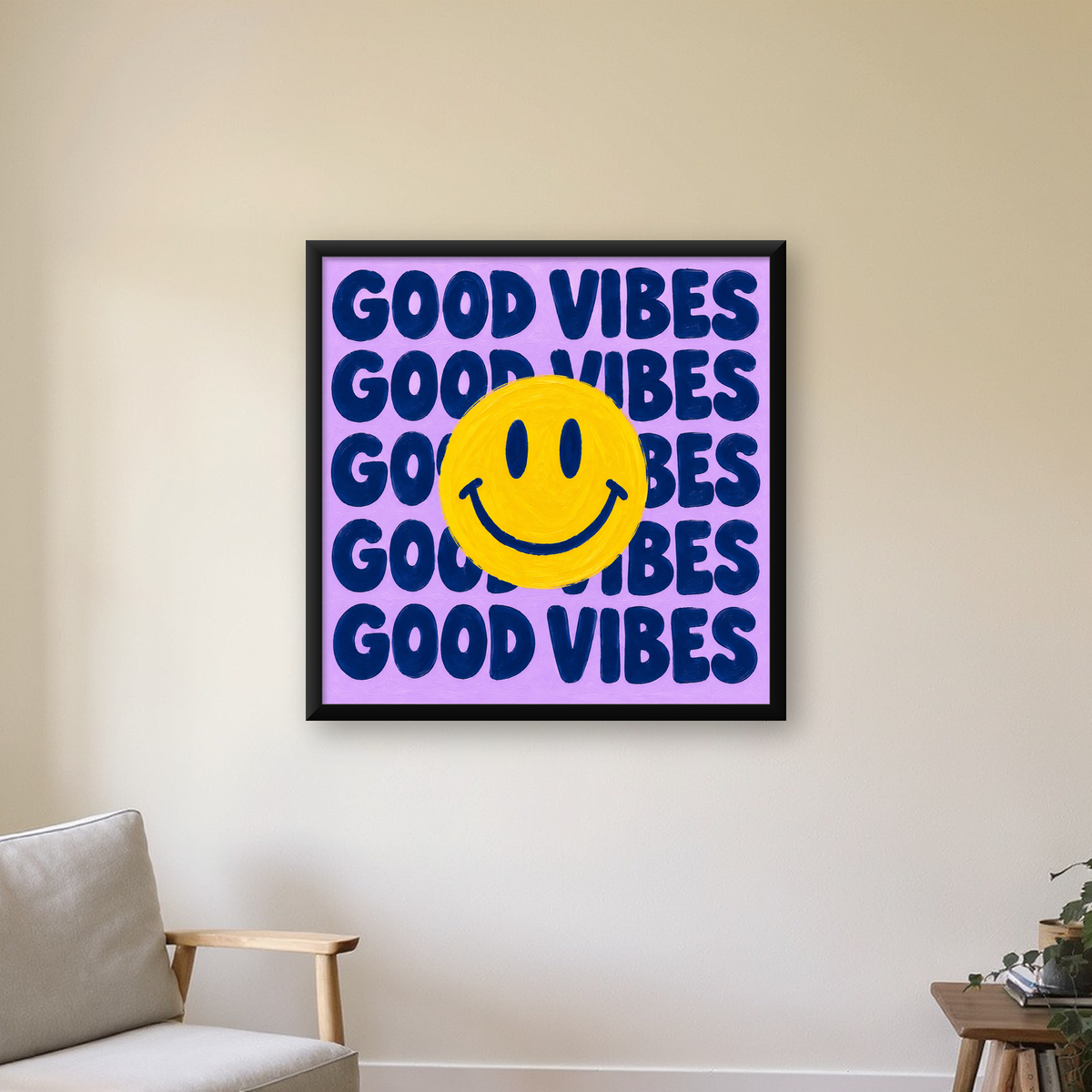 Good Vibes & Smiley Poster – Renkli Modern Duvar Dekoru — Kare baskı, çerçeveli hâliyle bir ev duvarında
