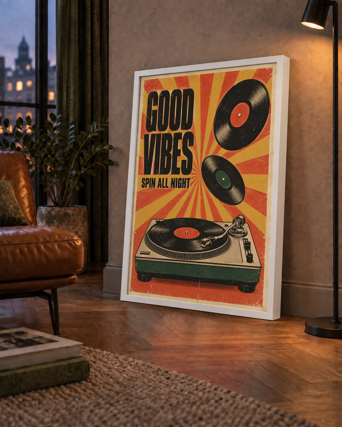 Retro Pikap ve Plaklar Vintage Poster – Turuncu Sarı Dekor — çerçeveli hâliyle bir ev duvarında