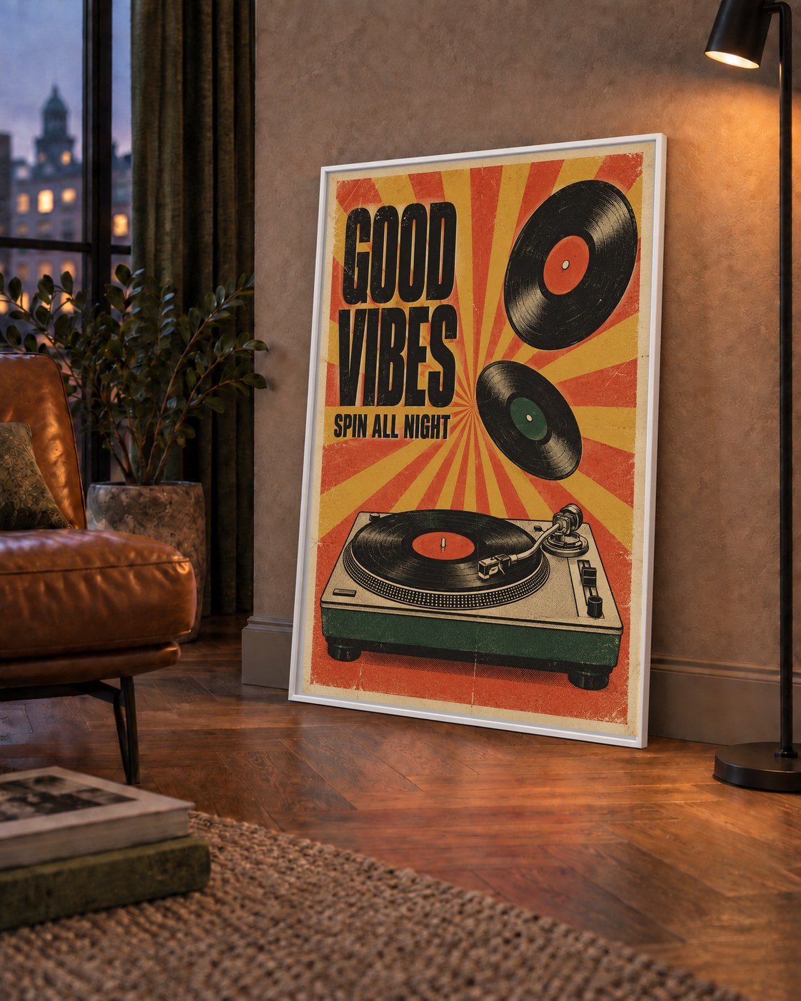 Retro Pikap ve Plaklar Vintage Poster – Turuncu Sarı Dekor — çerçeveli hâliyle bir ev duvarında