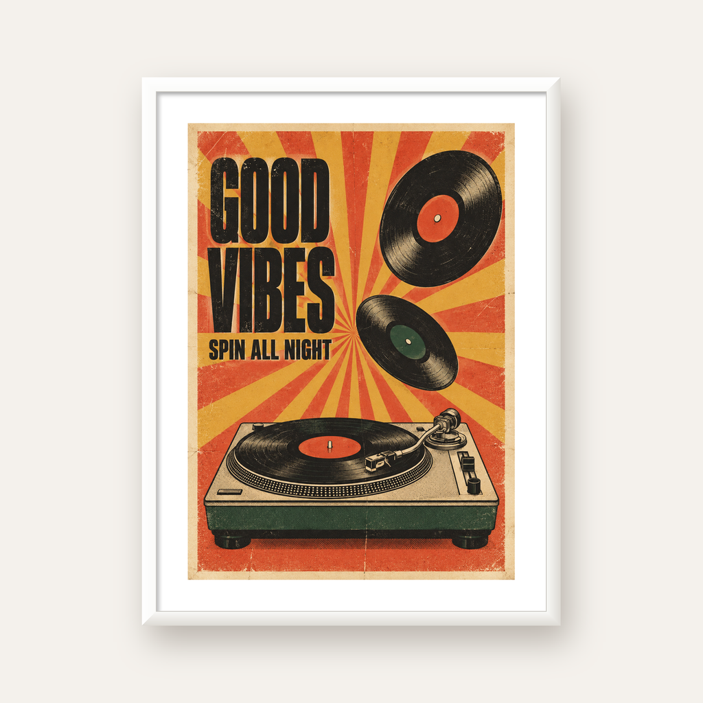 Retro Pikap ve Plaklar Vintage Poster – Turuncu Sarı Dekor — beyaz çerçeveli dikey poster
