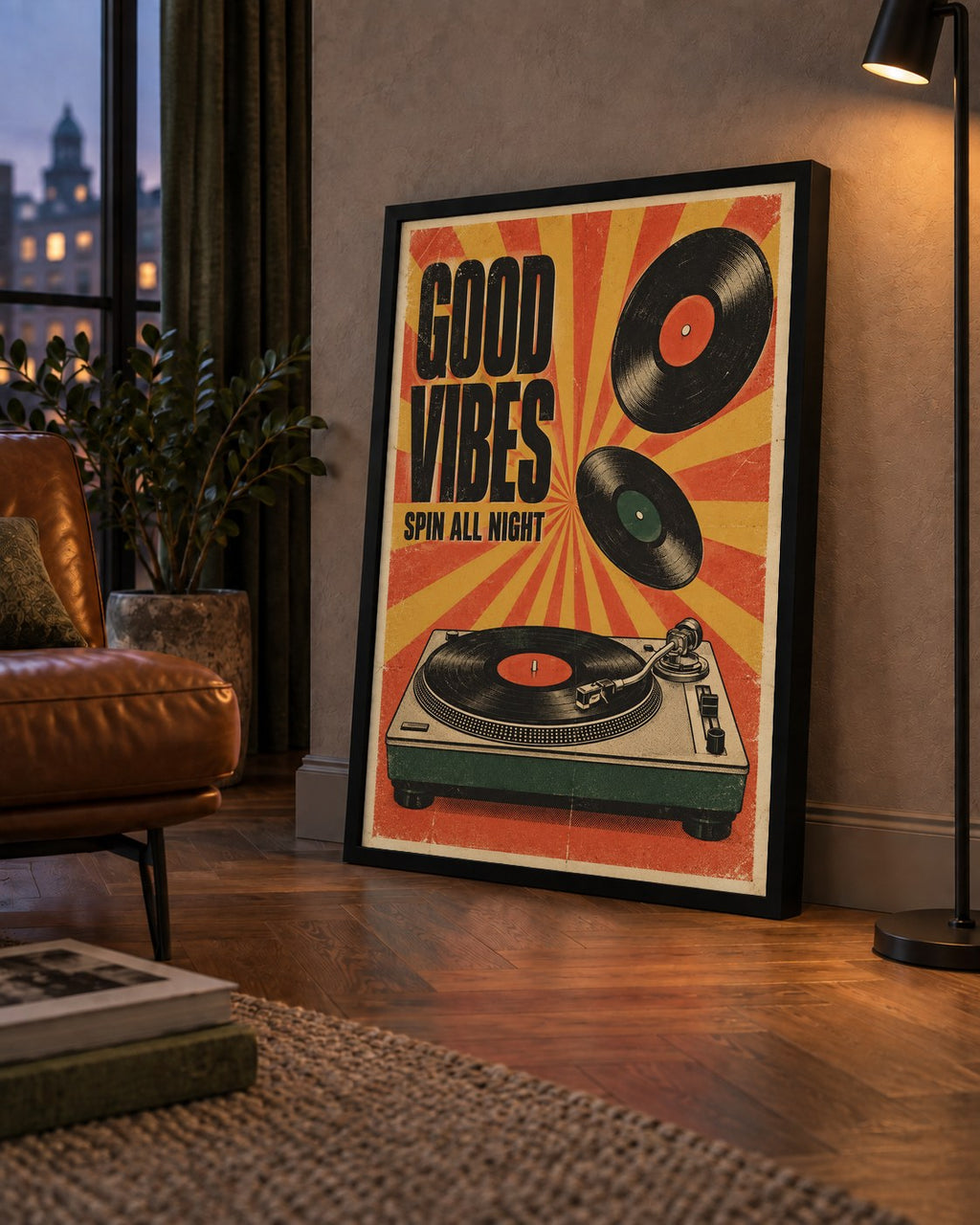 Retro Pikap ve Plaklar Vintage Poster – Turuncu Sarı Dekor — çerçeveli hâliyle bir ev duvarında