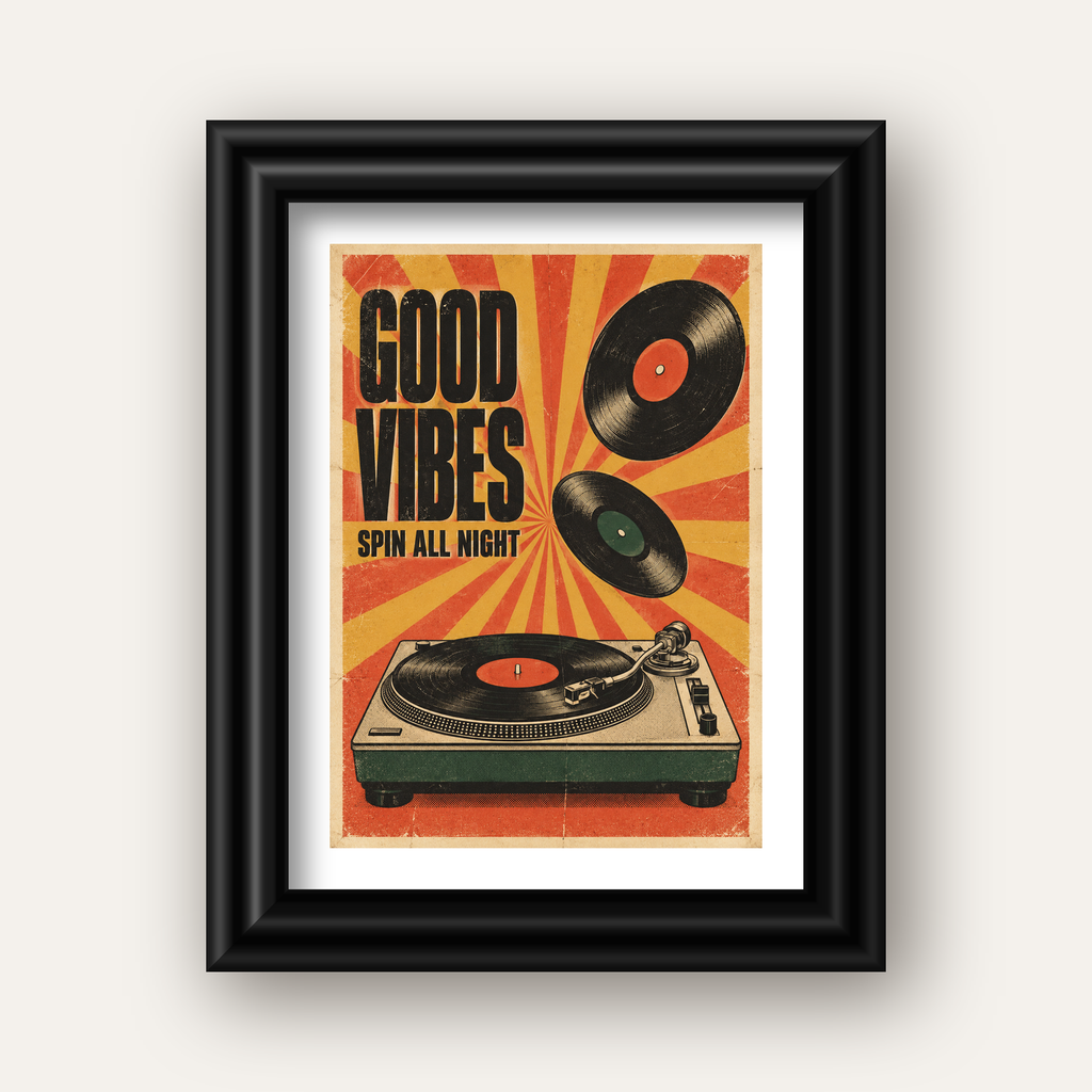 Retro Pikap ve Plaklar Vintage Poster – Turuncu Sarı Dekor — siyah galeri çerçeveli paspartulu
