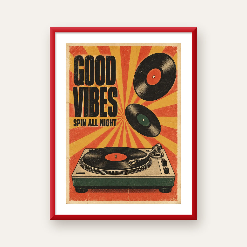 Retro Pikap ve Plaklar Vintage Poster – Turuncu Sarı Dekor — kırmızı çerçeveli paspartulu
