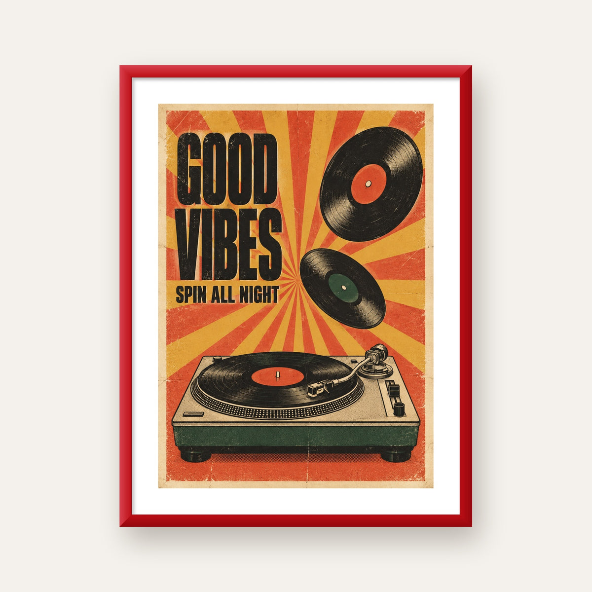 Retro Pikap ve Plaklar Vintage Poster – Turuncu Sarı Dekor — kırmızı çerçeveli paspartulu