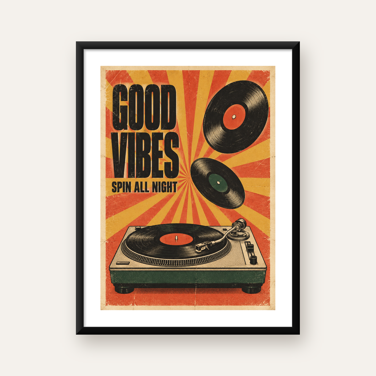 Retro Pikap ve Plaklar Vintage Poster – Turuncu Sarı Dekor — Dikey baskı, beyaz paspartulu