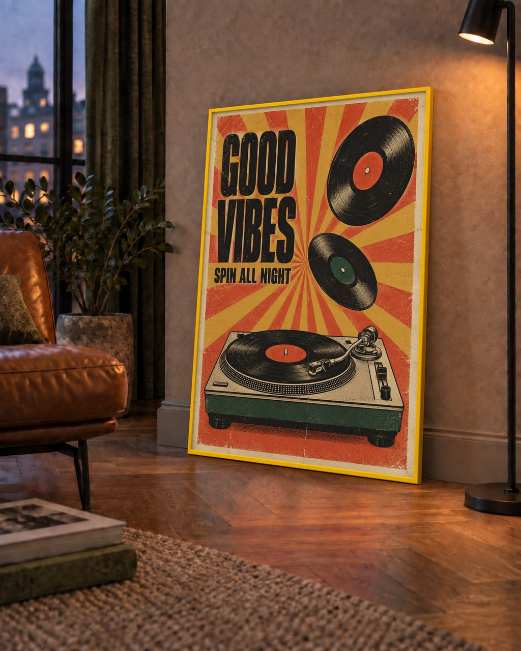 Retro Pikap ve Plaklar Vintage Poster – Turuncu Sarı Dekor — çerçeveli hâliyle bir ev duvarında