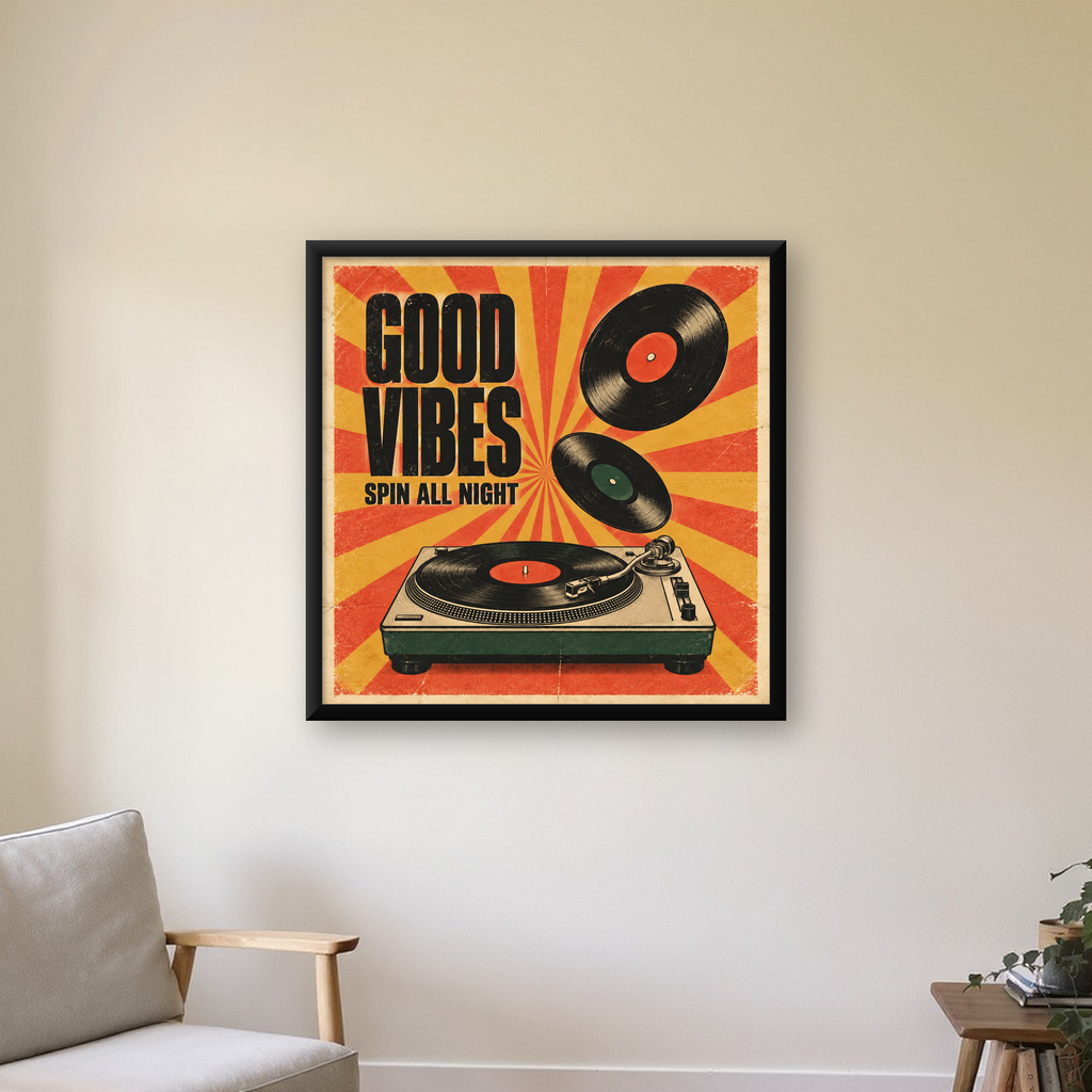 Retro Pikap ve Plaklar Vintage Poster – Turuncu Sarı Dekor — Kare baskı, çerçeveli hâliyle bir ev duvarında