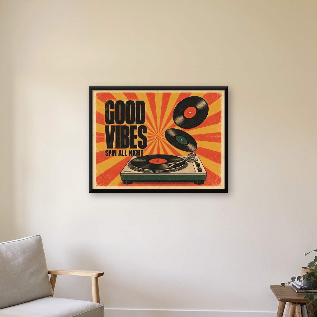 Retro Pikap ve Plaklar Vintage Poster – Turuncu Sarı Dekor — Yatay baskı, çerçeveli hâliyle bir ev duvarında