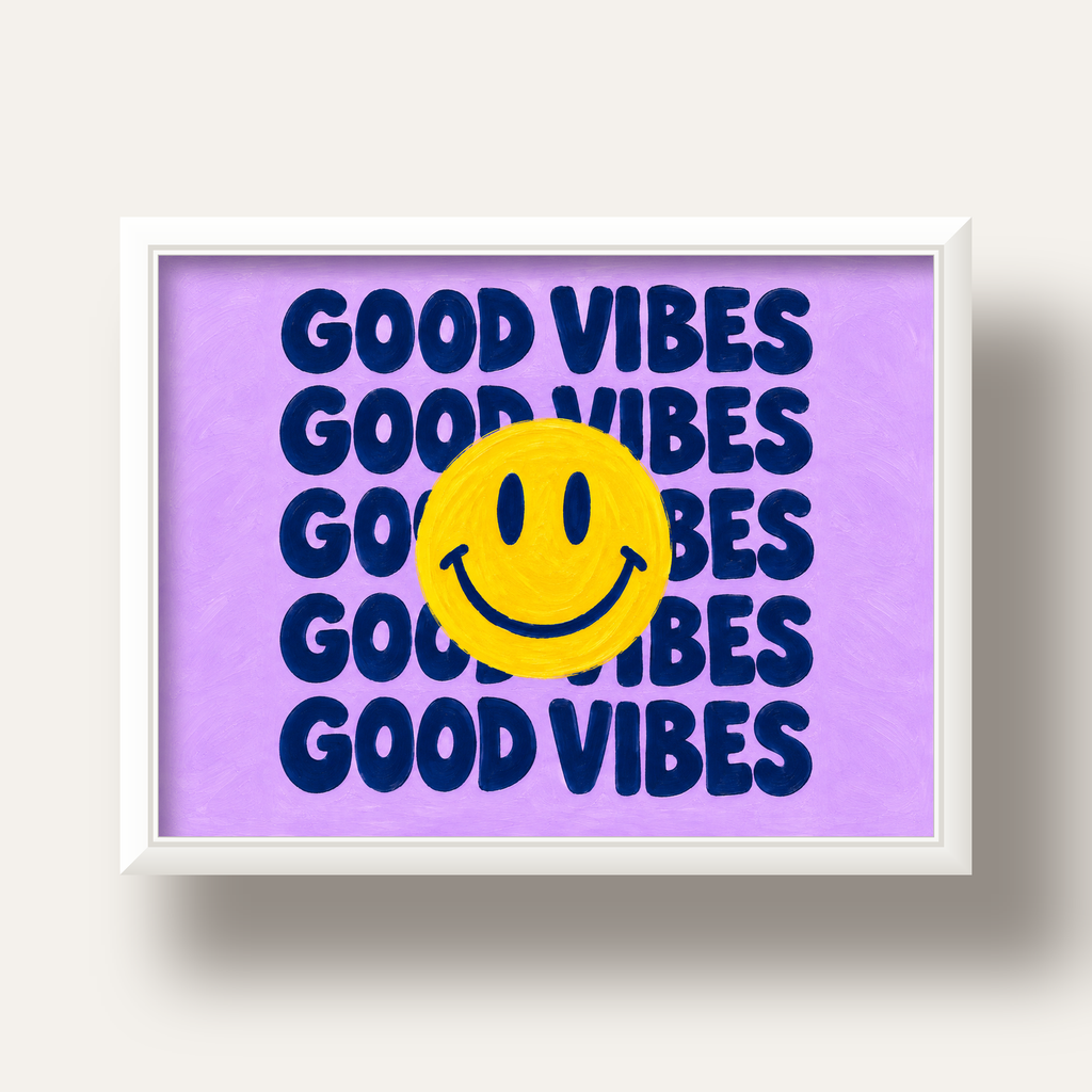 Good Vibes & Smiley Poster – Renkli Modern Duvar Dekoru — beyaz derin çerçeveli