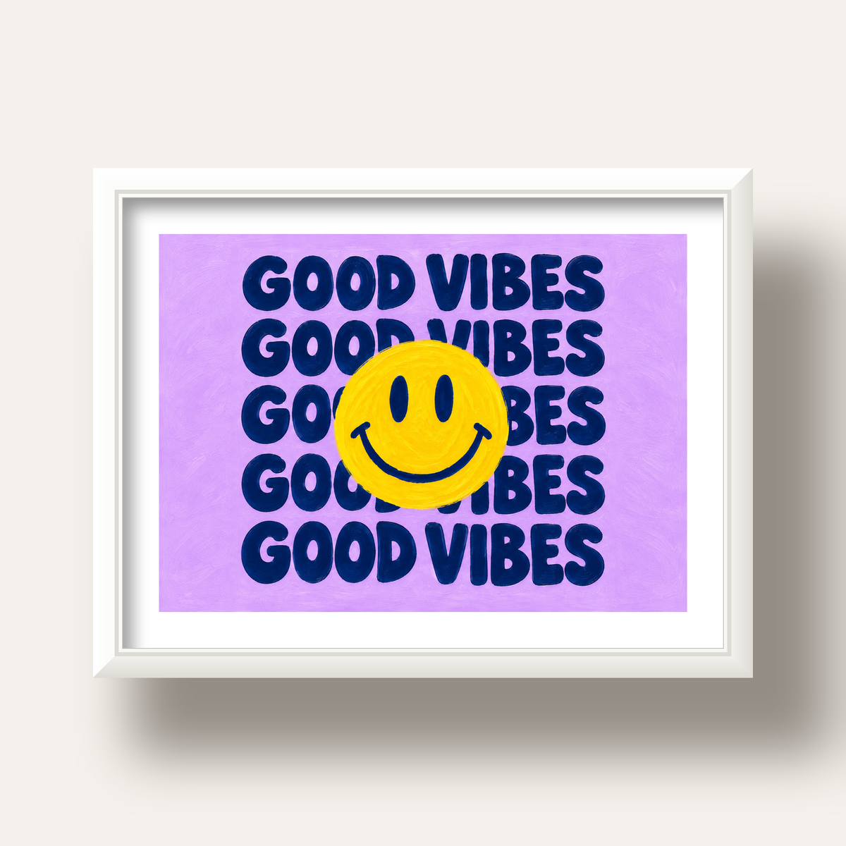 Good Vibes & Smiley Poster – Renkli Modern Duvar Dekoru — beyaz derin çerçeveli paspartulu