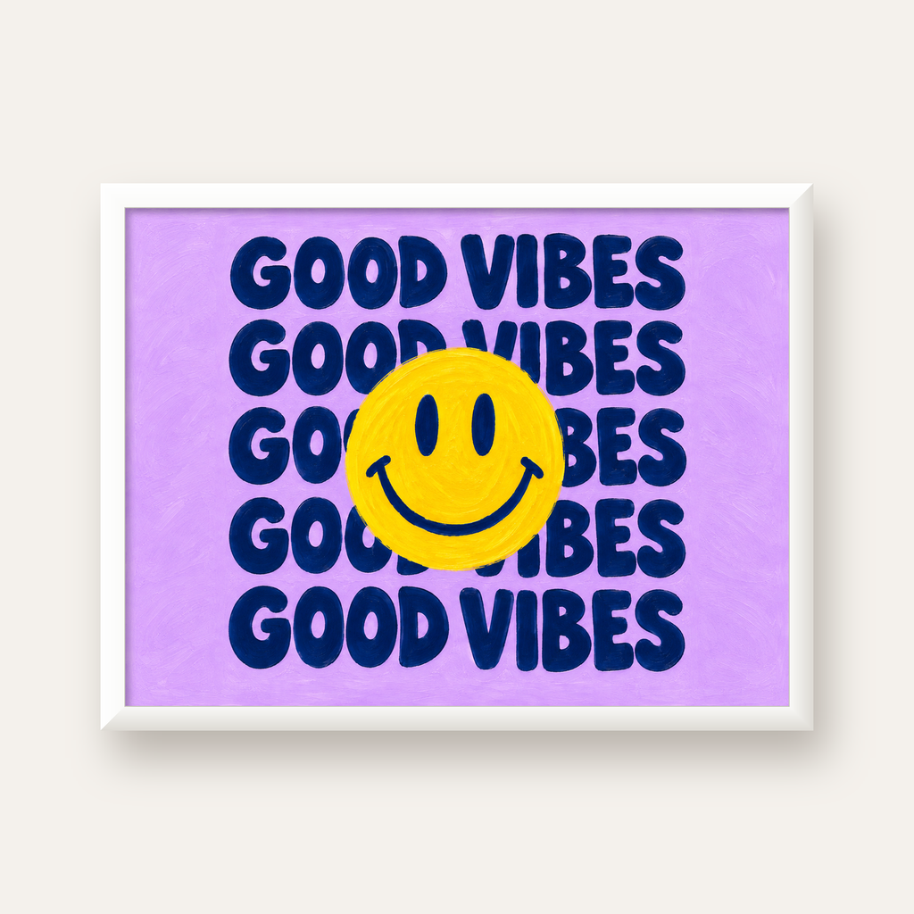 Good Vibes & Smiley Poster – Renkli Modern Duvar Dekoru — beyaz çerçeveli yatay poster