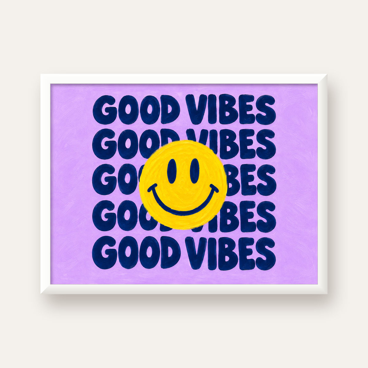 Good Vibes & Smiley Poster – Renkli Modern Duvar Dekoru — beyaz çerçeveli yatay poster
