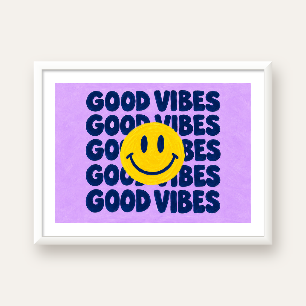Good Vibes & Smiley Poster – Renkli Modern Duvar Dekoru — beyaz çerçeveli yatay poster