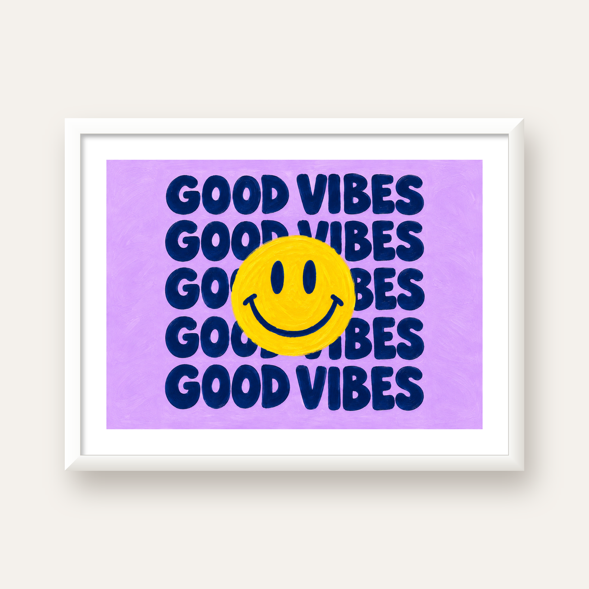 Good Vibes & Smiley Poster – Renkli Modern Duvar Dekoru — beyaz çerçeveli yatay poster