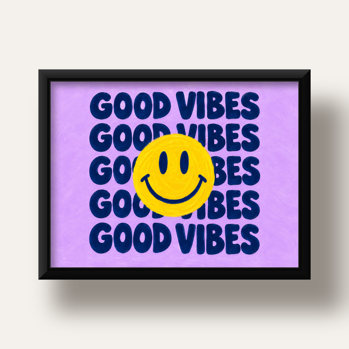 Good Vibes & Smiley Poster – Renkli Modern Duvar Dekoru — siyah derin çerçeveli