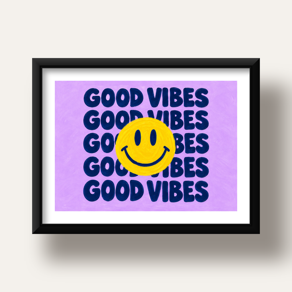Good Vibes & Smiley Poster – Renkli Modern Duvar Dekoru — siyah derin çerçeveli paspartulu