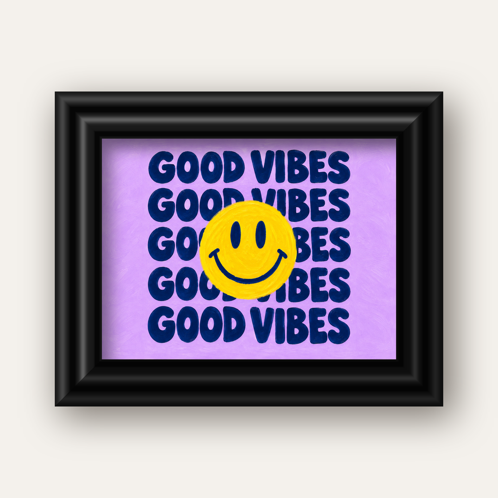 Good Vibes & Smiley Poster – Renkli Modern Duvar Dekoru — siyah galeri çerçeveli