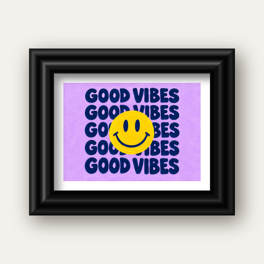 Good Vibes & Smiley Poster – Renkli Modern Duvar Dekoru — siyah galeri çerçeveli paspartulu