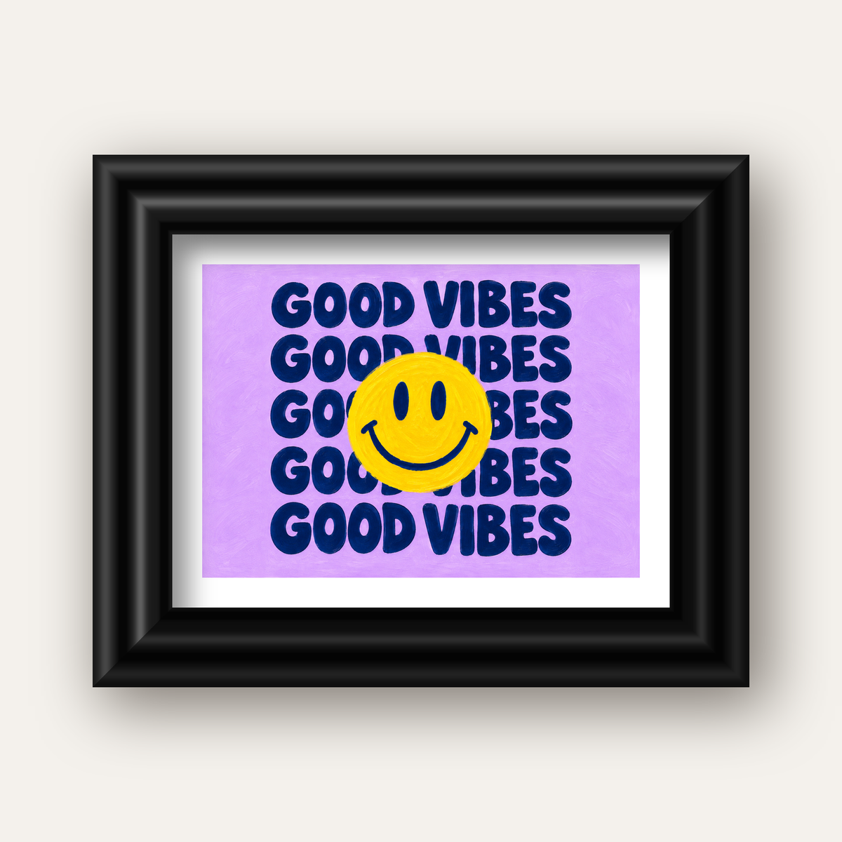 Good Vibes & Smiley Poster – Renkli Modern Duvar Dekoru — siyah galeri çerçeveli paspartulu
