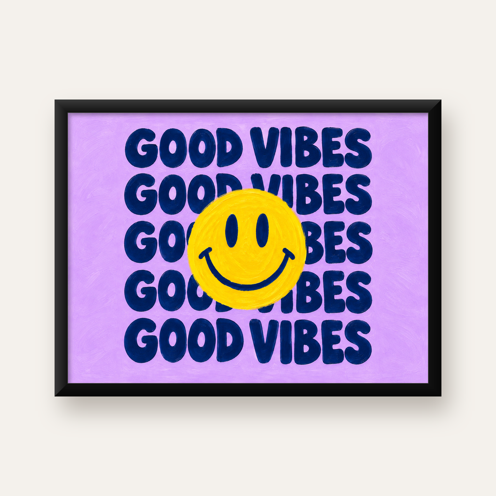 Good Vibes & Smiley Poster – Renkli Modern Duvar Dekoru — Yatay baskı, düz siyah çerçeveli duvar posteri