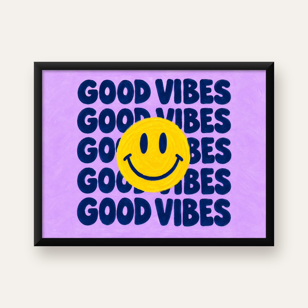 Good Vibes & Smiley Poster – Renkli Modern Duvar Dekoru — Yatay baskı, düz siyah çerçeveli duvar posteri