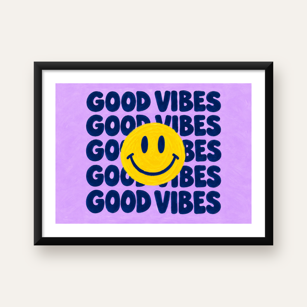Good Vibes & Smiley Poster – Renkli Modern Duvar Dekoru — Yatay baskı, beyaz paspartulu
