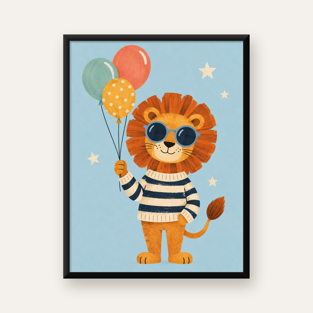 Balon Tutan Sevimli Aslan Dijital İllüstrasyon Poster — Dikey baskı, düz siyah çerçeveli duvar posteri