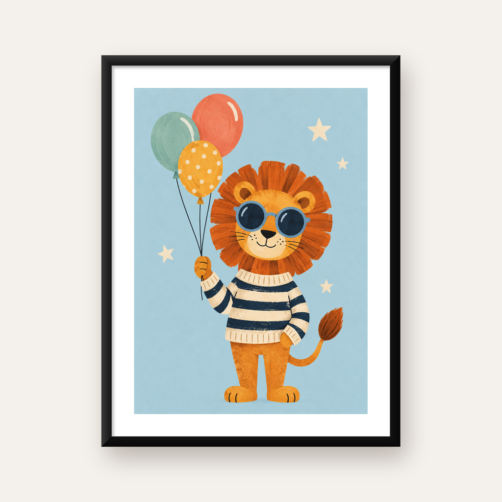 Balon Tutan Sevimli Aslan Dijital İllüstrasyon Poster — Dikey baskı, beyaz kenar boşluklu