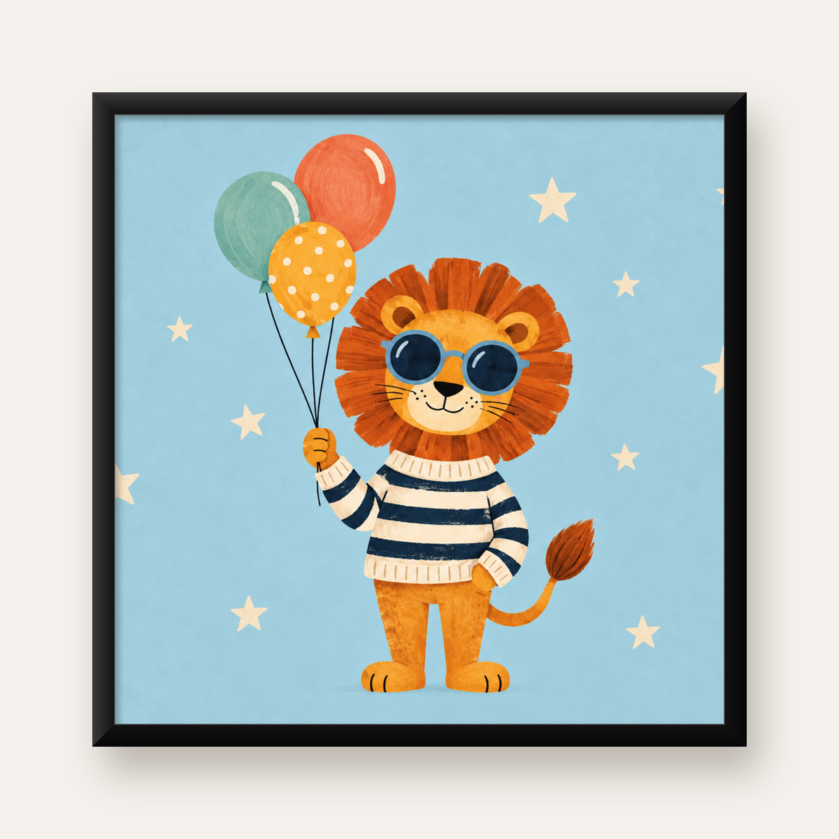 Balon Tutan Sevimli Aslan Dijital İllüstrasyon Poster — Kare baskı, düz siyah çerçeveli duvar posteri