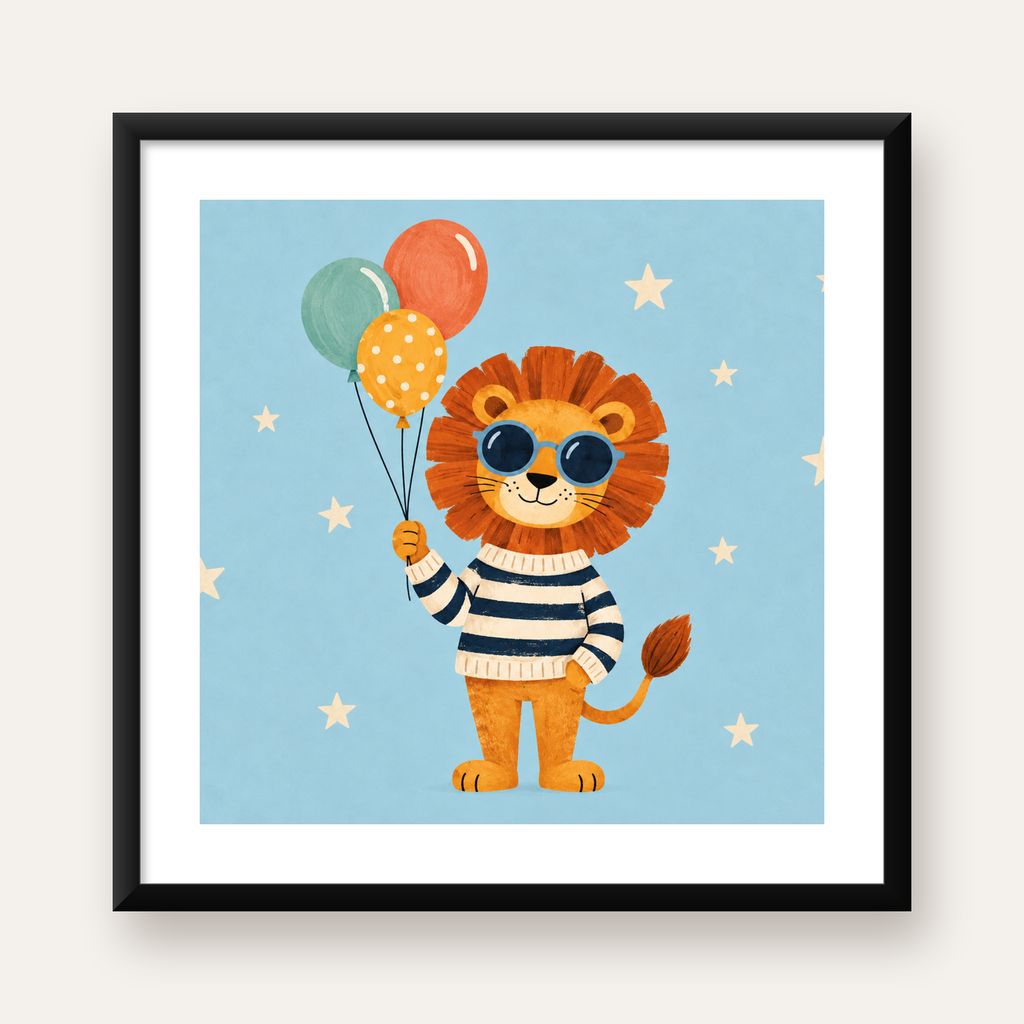 Balon Tutan Sevimli Aslan Dijital İllüstrasyon Poster — Kare baskı, beyaz kenar boşluklu