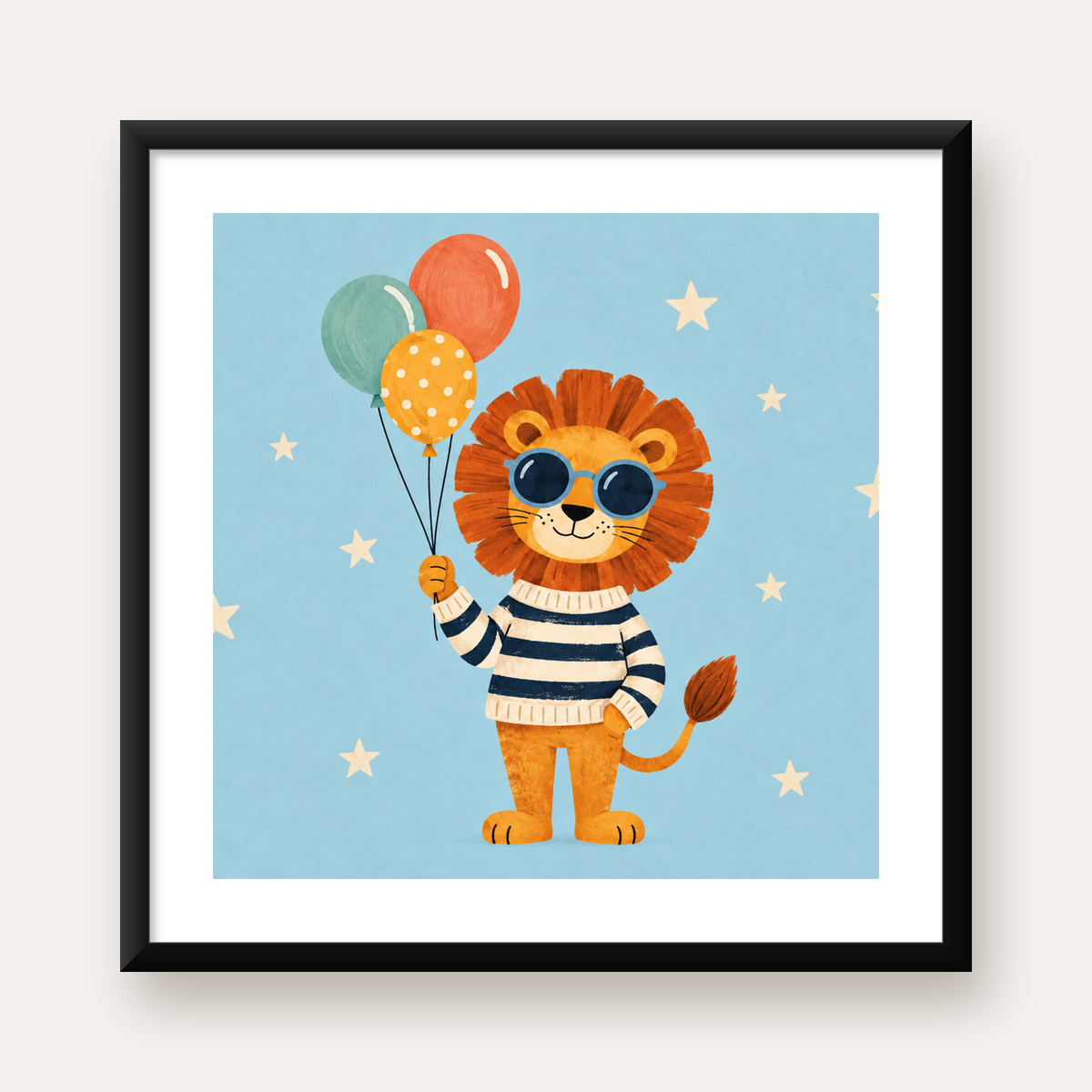 Balon Tutan Sevimli Aslan Dijital İllüstrasyon Poster — Kare baskı, beyaz kenar boşluklu