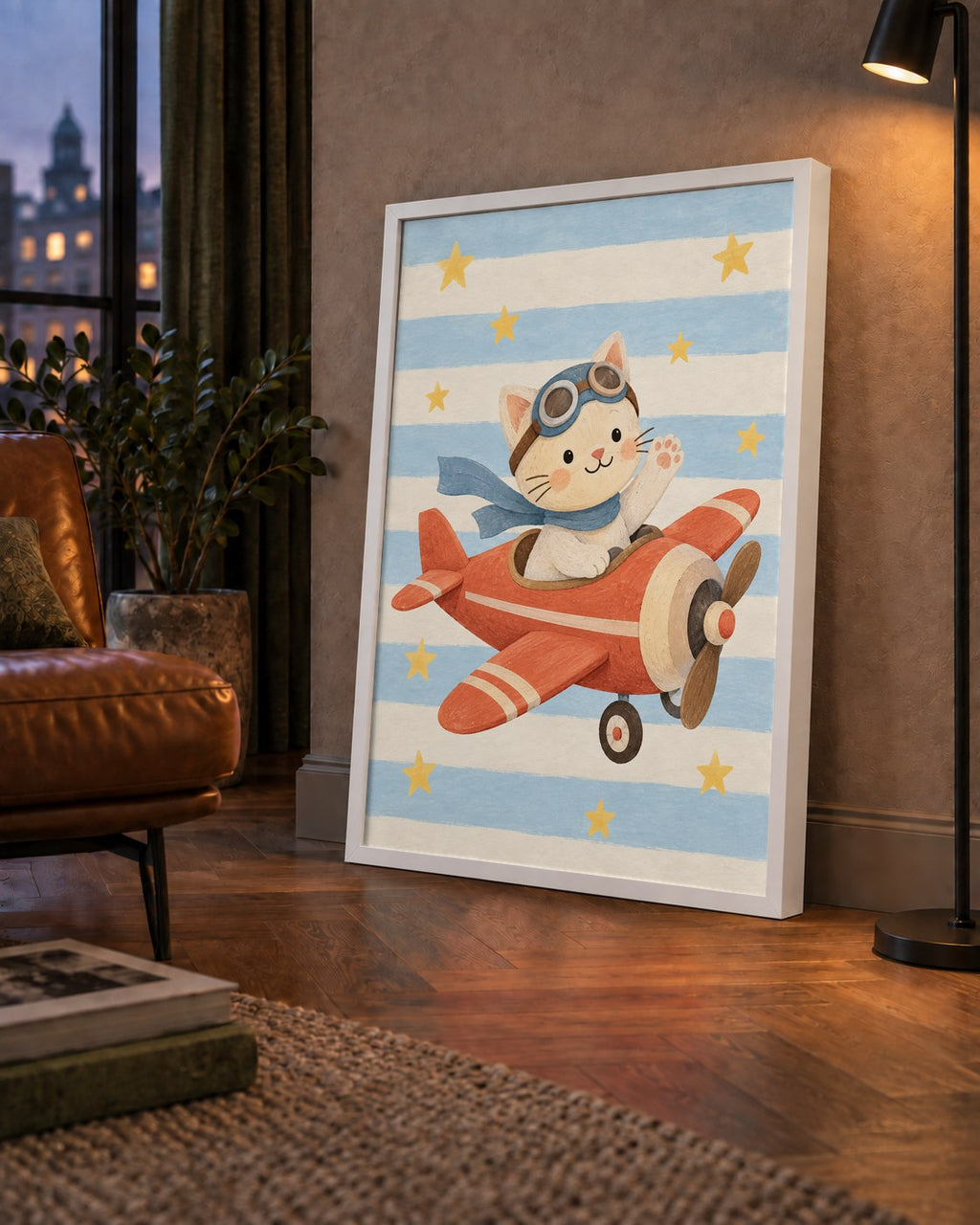 Uçakla Uçan Sevimli Kedi Çocuk Odası Poster Sanatı — çerçeveli hâliyle bir ev duvarında
