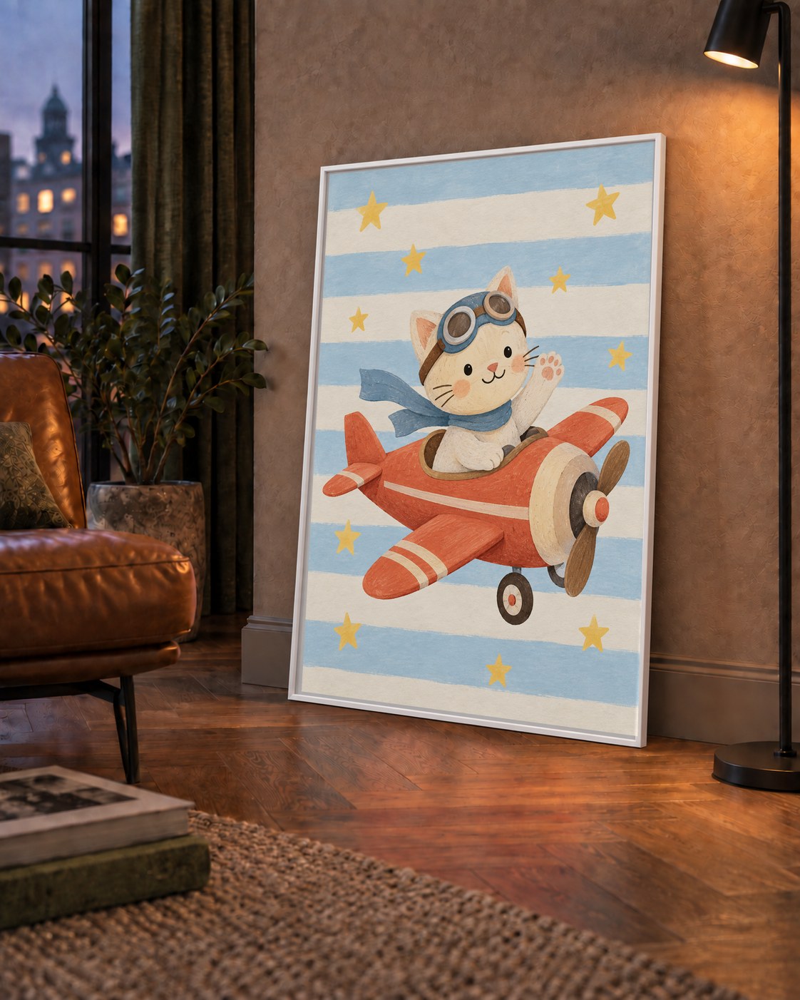 Uçakla Uçan Sevimli Kedi Çocuk Odası Poster Sanatı — çerçeveli hâliyle bir ev duvarında