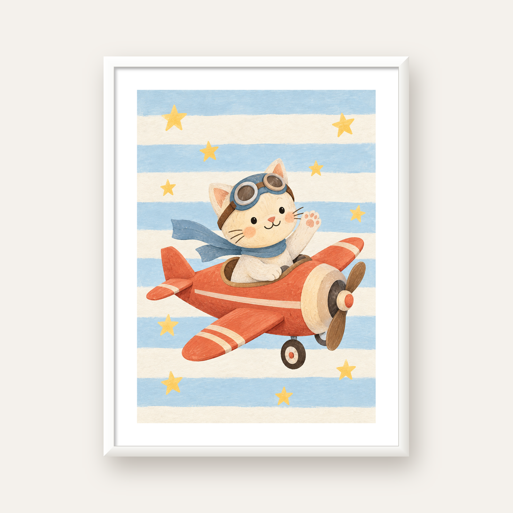 Uçakla Uçan Sevimli Kedi Çocuk Odası Poster Sanatı — beyaz çerçeveli dikey poster