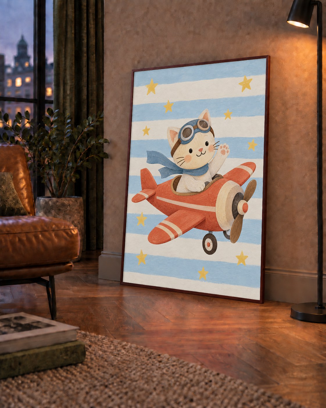 Uçakla Uçan Sevimli Kedi Çocuk Odası Poster Sanatı — çerçeveli hâliyle bir ev duvarında